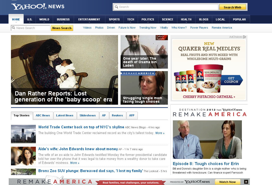 Front Page of Yahoo News May 1, 2012