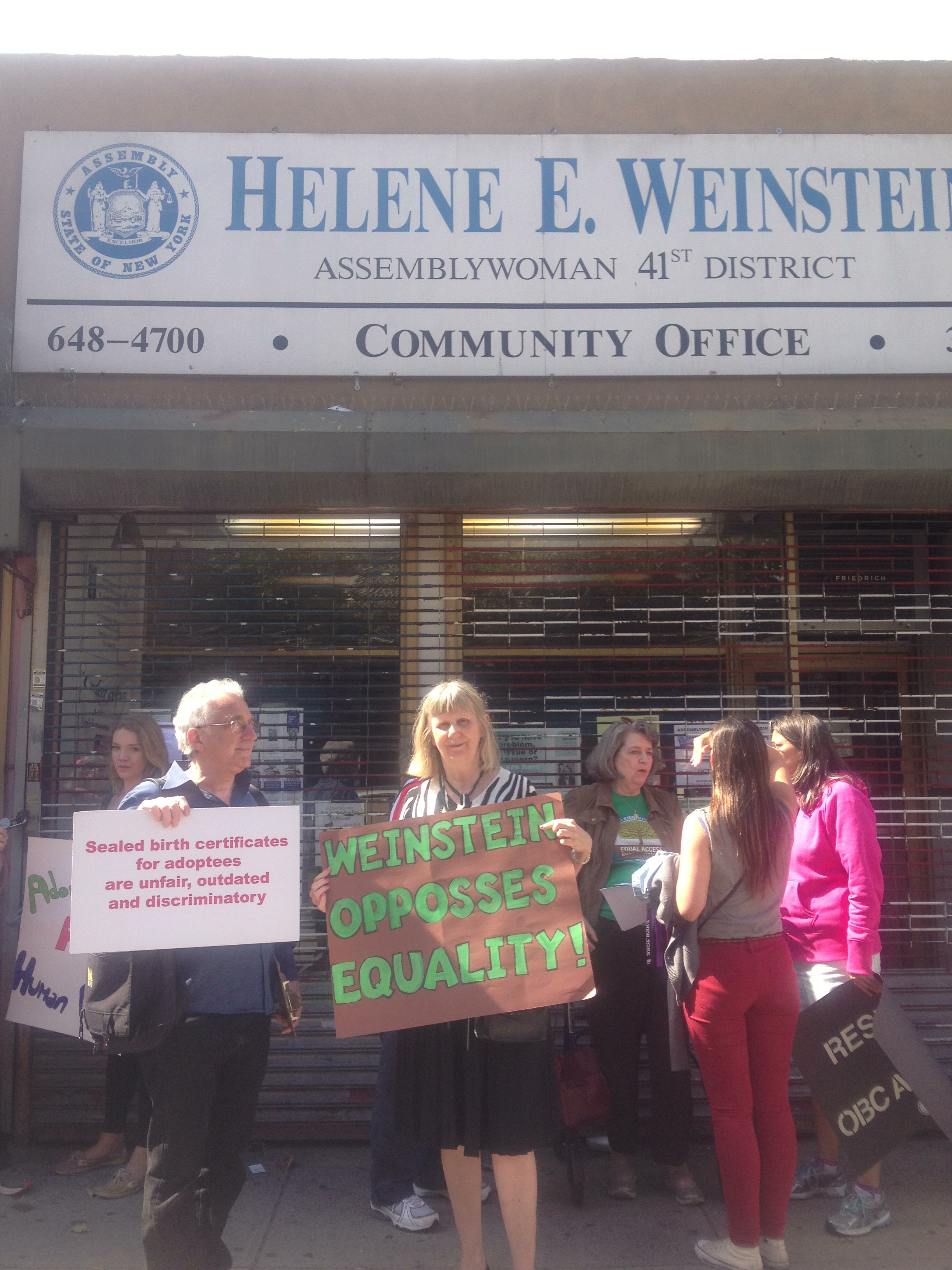 Brooklyn New York Adoptee Rights Protest at Helene Weinstein's Office